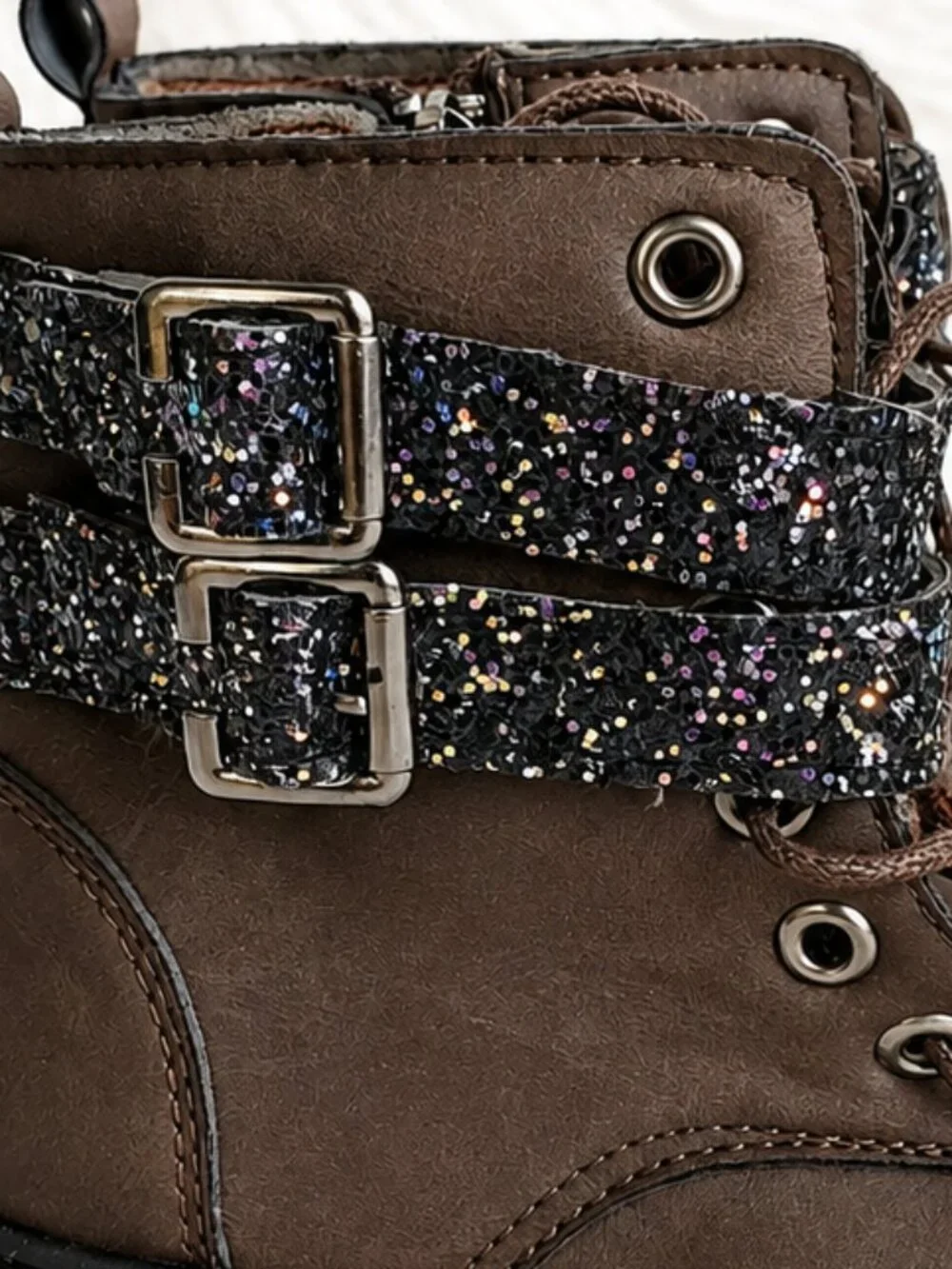 Blue Girls' Brown Glitter Strap Zip Lace Durable Boots SZ 8